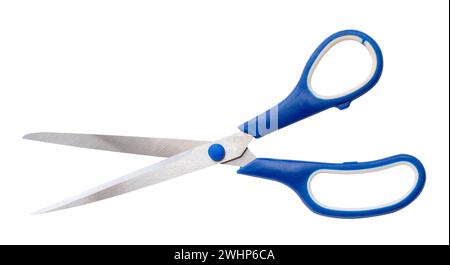 Top view of multipurpose scissors with blue handle is isolated on white background with clipping path. Stock Photo