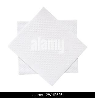 Two folded pieces of white tissue paper or napkin in stack tidily prepared for use in toilet or restroom are isolated on white background Stock Photo
