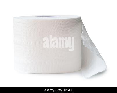 Single roll of white tissue paper or napkin prepared for use in toilet or restroom is isolated on white background with clipping path. Stock Photo