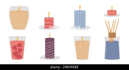 Set of decorative elements for interior design. Interior and scented candles. Home decorations. Vector flat illustration. Stock Vector