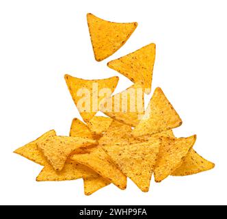Falling corn chips, hot mexican nachos isolated on white background Stock Photo