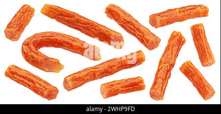 Chopped Kabanos. Long and thin smoked sausage isolated on white background Stock Photo