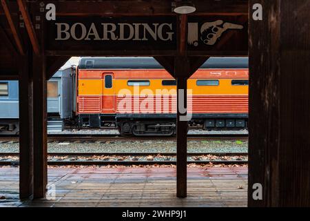 The historic trains in Old Sacramento, California. Stock Photo