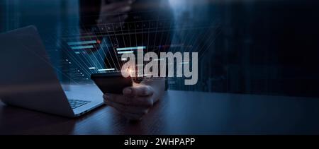 Project manager working with Ai management update tasks with milestones progress planning and Gantt chart scheduling virtual diagram.Businessman hand Stock Photo