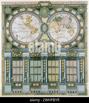 Large celestial, terrestrial, historical & cosmographic world map, dedicated to the King  where the different systems of the world are represented. . Louis Charles Desnos,  Ingen. Geographe et Libre de Sa Majesté Danoise, rue S. Jacques, au Globe, 1786..  Map is in French Stock Photo