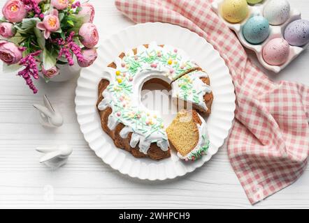 Easter Bundt Cake with Easter Eggs. Homemade vanilla bundt cake. Stock Photo