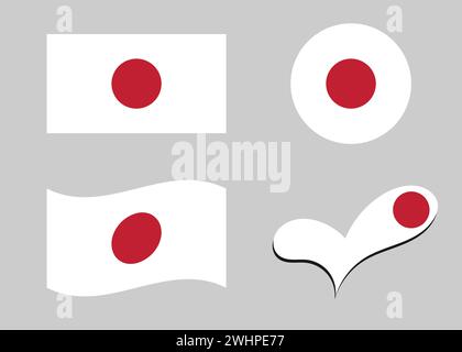 Flag of Japan. Japan flag in heart shape. Japan flag in circle shape. Country flag variations Stock Vector