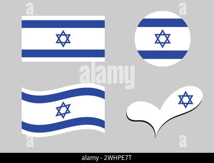 Flag of Israel. Israel flag in heart shape. Israel flag in circle shape. Country flag variations Stock Vector