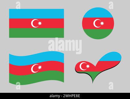 Flag of Azerbaijan. Azerbaijan flag in heart shape. Azerbaijan flag in circle shape. Country flag variations Stock Vector
