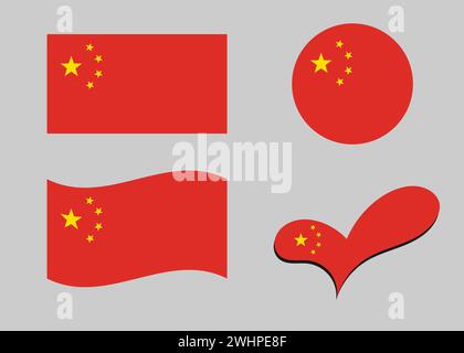 Flag of China. China flag in heart shape. China flag in circle shape. Country flag variations Stock Vector