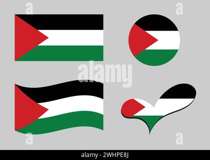 Flag of Palestine. Palestine flag in heart shape. Palestine flag in circle shape. Country flag variations Stock Vector