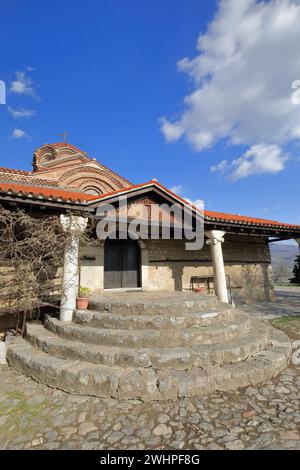 320 Side-tilted front view of the Holy Mother of God Perivleptos Church -Crkva Presveta Bogorodica- dating from AD 1295. Ohrid-North Macedonia. Stock Photo