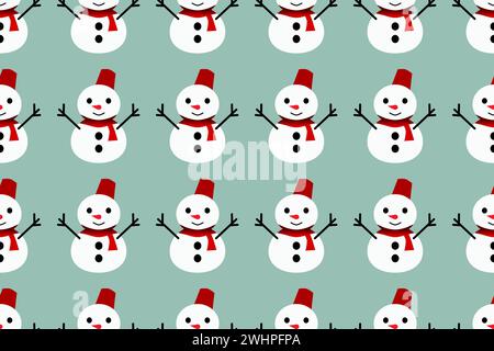 Simple Christmas snowman seamless pattern on green background. Vector illustration. Stock Vector
