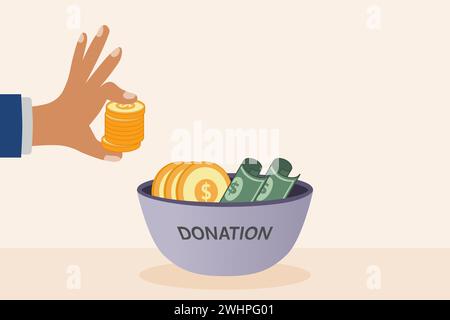 Hand putting coin in the donation bowl. Donation and charity concept. Vector illustration. Stock Vector