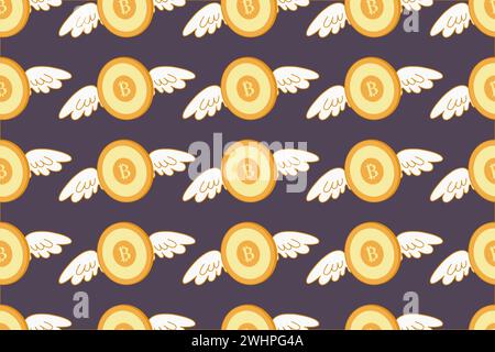 Bitcoin with wings seamless pattern. Background with flying bitcoin. Gold symbols of bitcoin. Template for packing, design, wallpaper, vector illustra Stock Vector