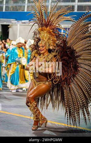 A Golden Eagle is participating in the parade of the samba schools of Sao Paulo, which is part of the special group's parades, taking place at the Sambadrome of Anhembi in Sao Paulo, Brazil, on February 10, 2024. (Photo by Anderson Lira/Thenews2/NurPhoto) Credit: NurPhoto SRL/Alamy Live News Stock Photo