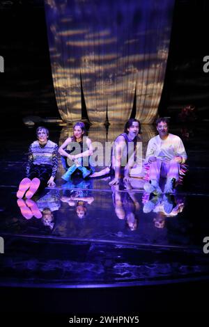 Vincent Heppner, Ilona Raytman, Salome Kießling und Andrej von Sallwitz, v.l., während der Fotoprobe für das Stück Streiten im Theater an der Parkaue in Berlin, 10. Februar 2024. // Stück und Regie Marie Jordan und Romy Weyrauch. Bühne Hanna Naske. Kostüme Lina Mayer. Premiere ist am 14. Februar 2024. Theater an der Parkaue Berlin Streiten *** Vincent Heppner, Ilona Raytman, Salome Kießling and Andrej von Sallwitz, from left, during the photo rehearsal for the play Streiten at the Theater an der Parkaue in Berlin, 10 February 2024 Play and direction Marie Jordan and Romy Weyrauch Stage Hanna N Stock Photo