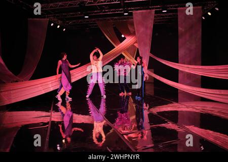 Salome Kießling, Andrej von Sallwitz, Vincent Heppner und Ilona Raytman, v.l., während der Fotoprobe für das Stück Streiten im Theater an der Parkaue in Berlin, 10. Februar 2024. // Stück und Regie Marie Jordan und Romy Weyrauch. Bühne Hanna Naske. Kostüme Lina Mayer. Premiere ist am 14. Februar 2024. Theater an der Parkaue Berlin Streiten *** Salome Kießling, Andrej von Sallwitz, Vincent Heppner and Ilona Raytman, from left, during the photo rehearsal for the play Streiten at the Theater an der Parkaue in Berlin, 10 February 2024 Play and direction Marie Jordan and Romy Weyrauch Stage Hanna N Stock Photo