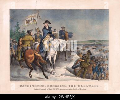 Washington, Crossing the Delaware–On the Evening of Dec. 25th 1776, previous to the Battle of Trenton. Publisher: Currier & Ives 1870s American, Hand-colored lithograph Stock Photo