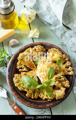 Vegetarian organic food. Baked cauliflower steaks with herbs and spices on a wooden table. Healthy eating, plant based meat subs Stock Photo