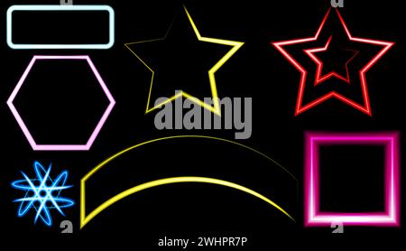 Various neon shapes on a black background. Frames and signs Stock Photo