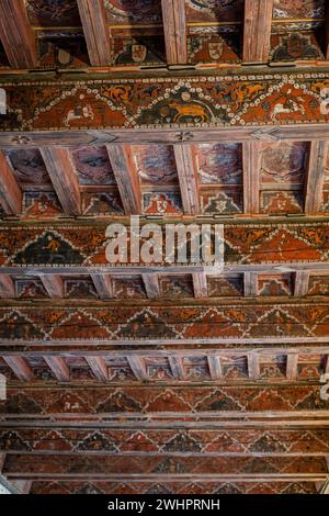 Mudejar coffered ceiling from the 14th century, cloister of Santo Domingo de Silos, Burgos province, Spain Stock Photo