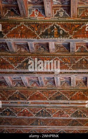 Mudejar coffered ceiling from the 14th century, cloister of Santo Domingo de Silos, Burgos province, Spain Stock Photo