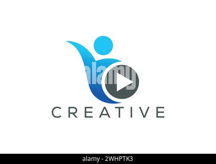 Minimalist man and video play logo vector logo design template. Creative modern people entertainment logo Stock Vector