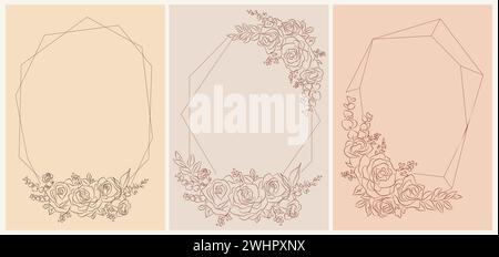 Rose line art Floral frames, card template vector. Stock Vector