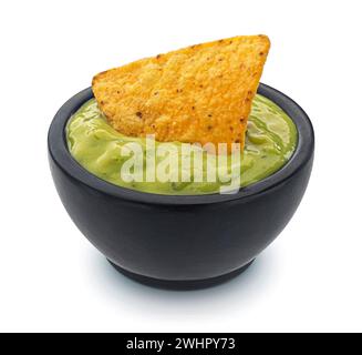 Guacamole and nachos isolated on white background, full depth of field Stock Photo