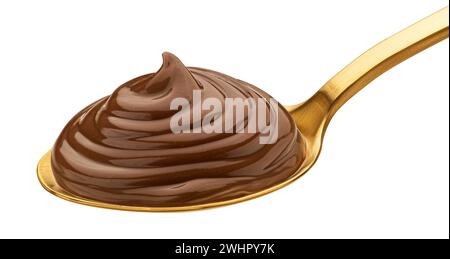 Hazelnut cream in spoon isolated on white background, full depth of field Stock Photo