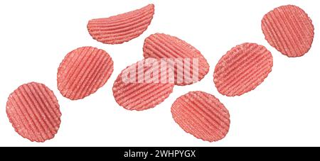Falling red ridged beetroot chips isolated on white background Stock Photo