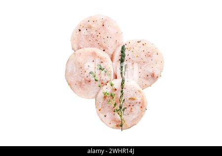 Raw fish cutlets made from minced cod ready for cooking. Isolated on white background. Top view Stock Photo