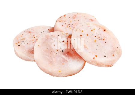 Raw fish cutlets made from minced cod ready for cooking. Isolated on white background. Top view Stock Photo