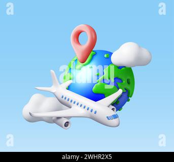 3D Airplane in Clouds and Globe Isolated Stock Vector