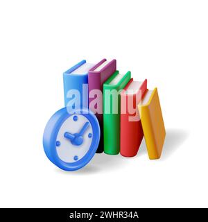 3d Clock and Stack of Books Isolated Stock Vector