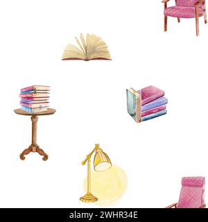 Watercolor seamless pattern composition of a soft pink chair, hardcover opened book, small book table with a stack of books and a yellow desk lamp Stock Photo