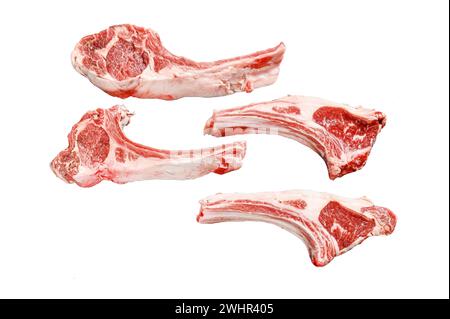 Raw lamb chops, Rack of Lamb. Organic meat steak. Isolated on white background. Top view Stock Photo