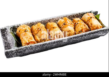 Fried spring rolls with vegetables. Vegetarian food. Isolated on white background. Top view Stock Photo