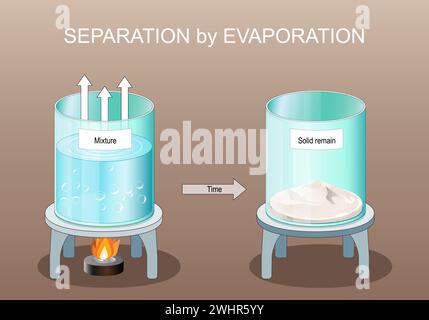 Separation by Evaporation. Organic chemistry. Salt extraction. scientific experiment. Vector poster. Isometric Flat illustration. Stock Vector