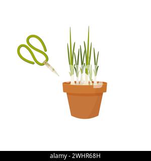 onions in a pot, scissors and watering. Home growing concept in cartoon style for card, print, sticker, Stock Vector