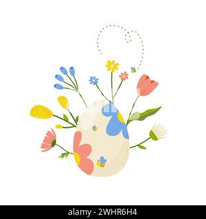 Easter egg with flowers, concept for print, postcard design. Vector illustration on white background vector. Stock Vector
