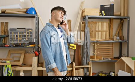 Smiling young hispanic carpenter confidently talking business on smartphone in bustling carpentry workshop Stock Photo