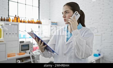 A concentrated young woman wearing a lab coat talks on the phone in a modern laboratory while holding a clipboard. Stock Photo
