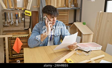 Handsome young hispanic man, a skilled carpenter, engrossed in reading a document while talking on his smartphone at his carpentry workshop Stock Photo
