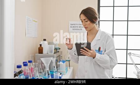 A focused woman scientist analyzes samples and records data on a tablet in a laboratory setting. Stock Photo