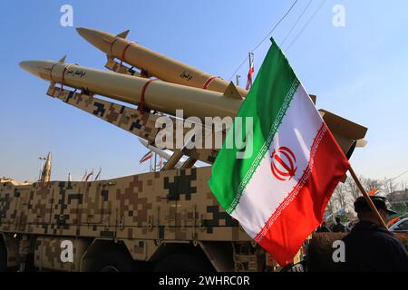Tehran, Iran. 11th Feb, 2024. The Iranian-made missiles are displayed at Azadi (freedom) Square in Tehran as people gather to mark the 45th anniversary of the Islamic revolution in Tehran. Iran marked on 11 February 2024 the 45th anniversary of the 1979 Islamic Revolution amid tensions gripping the wider Middle East over Israel's continued war on Hamas in the Gaza Strip. Iranian president Ebrahim Raisi condemned arch-foe Israel and demanded it be expelled from the United Nations. (Credit Image: © Rouzbeh Fouladi/ZUMA Press Wire) EDITORIAL USAGE ONLY! Not for Commercial USAGE! Stock Photo