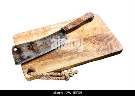 Vintage butcher meat cleaver on concrete board. Isolated on white background. Top view Stock Photo