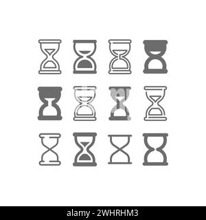 Sandglass or hourglass vector icon set. Sand clock or glass, glyph and line icons, editable stroke. Stock Vector