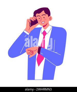 Talking on phone, businessman calling and checking his watch. Stock Vector
